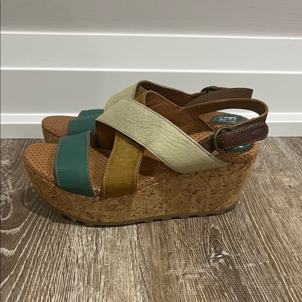 Fly London Women's Cream, Tan, and Green Sandals